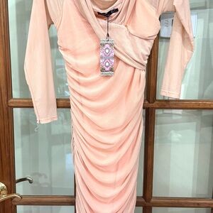 NEW Elegant Peach Draped Dress by BooHoo - Long Sleeve, Rouched Mesh